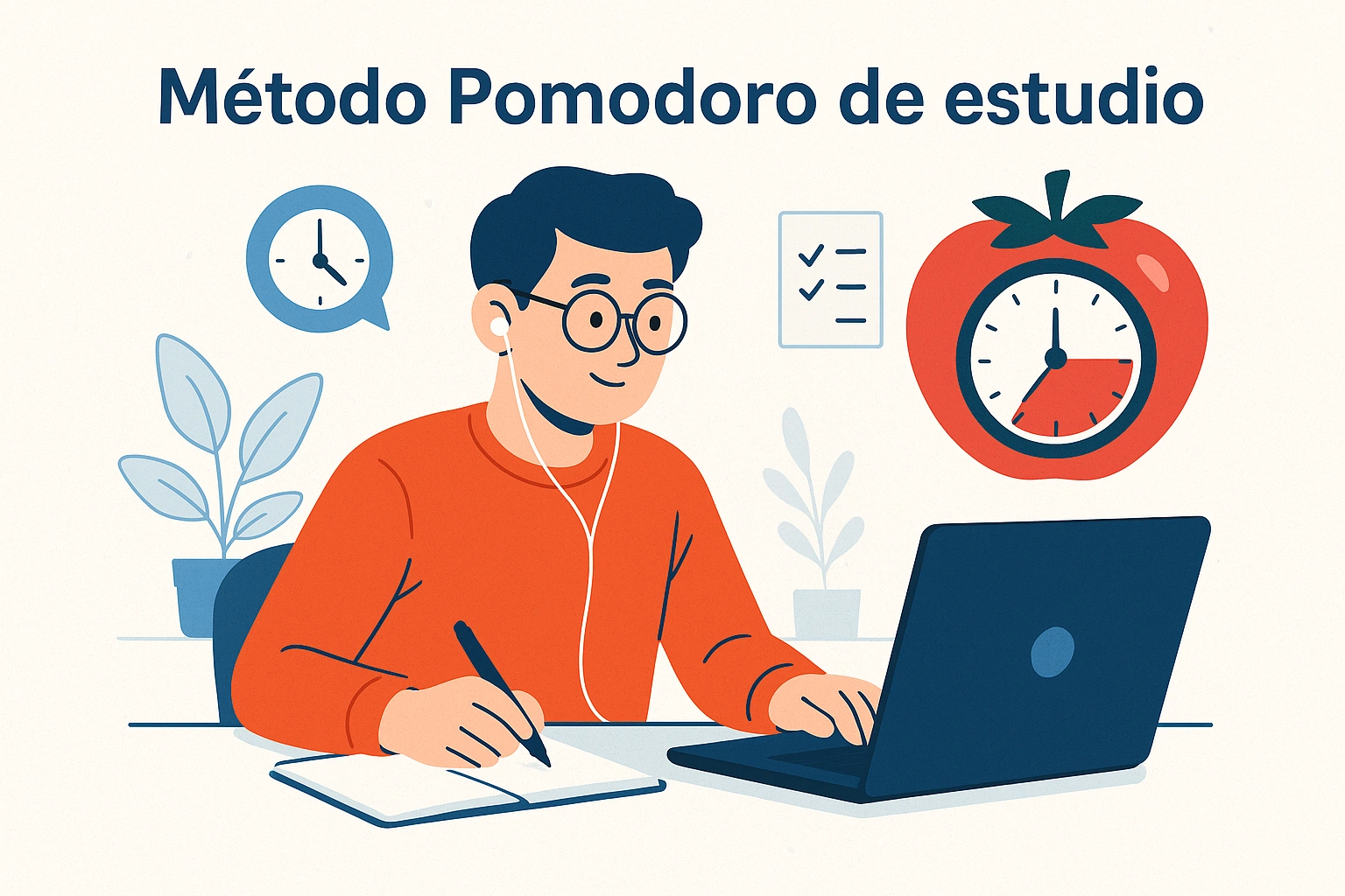 Estudiante utilizando el método Pomodoro de estudio en línea